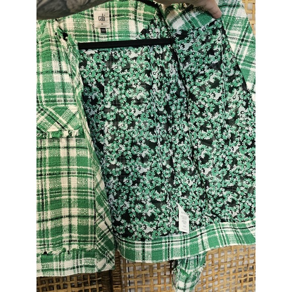 Cabi Library Women's MJacket Green White Black Plaid Tweed Blazer fringe hem - Picture 6 of 8